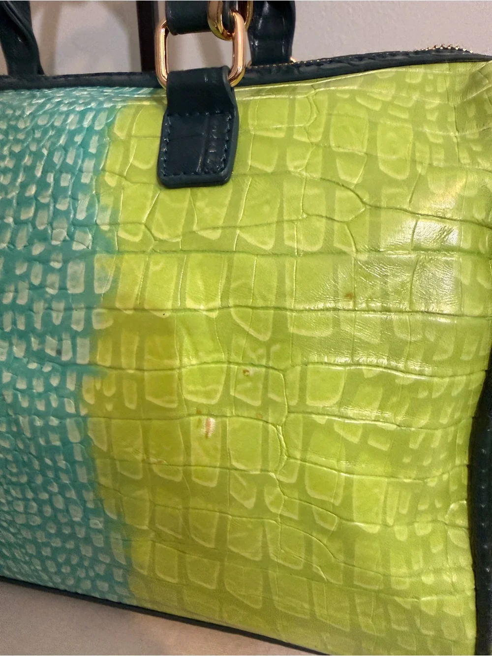 Teal Lime Ombre Croc Embossed Satchel Crossbody Bag Faux Leather